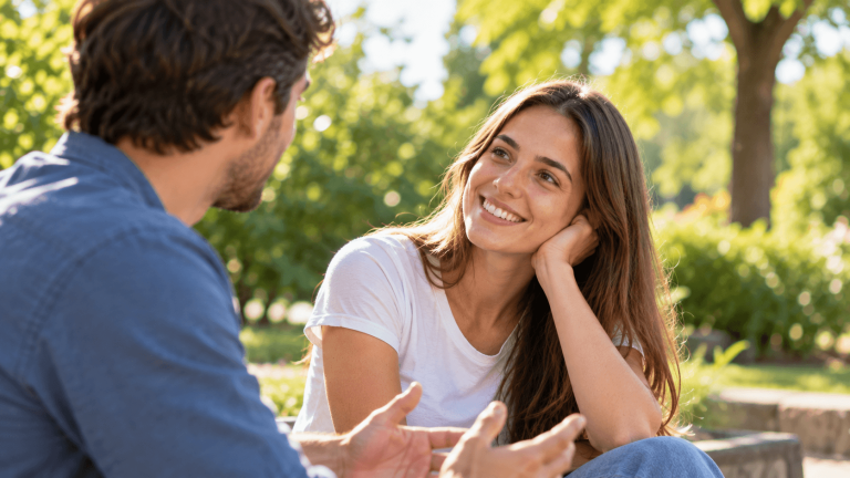 A woman practicing active listening while having a conversation with a man outdoors