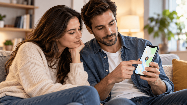 A couple discussing location sharing on a smartphone at home