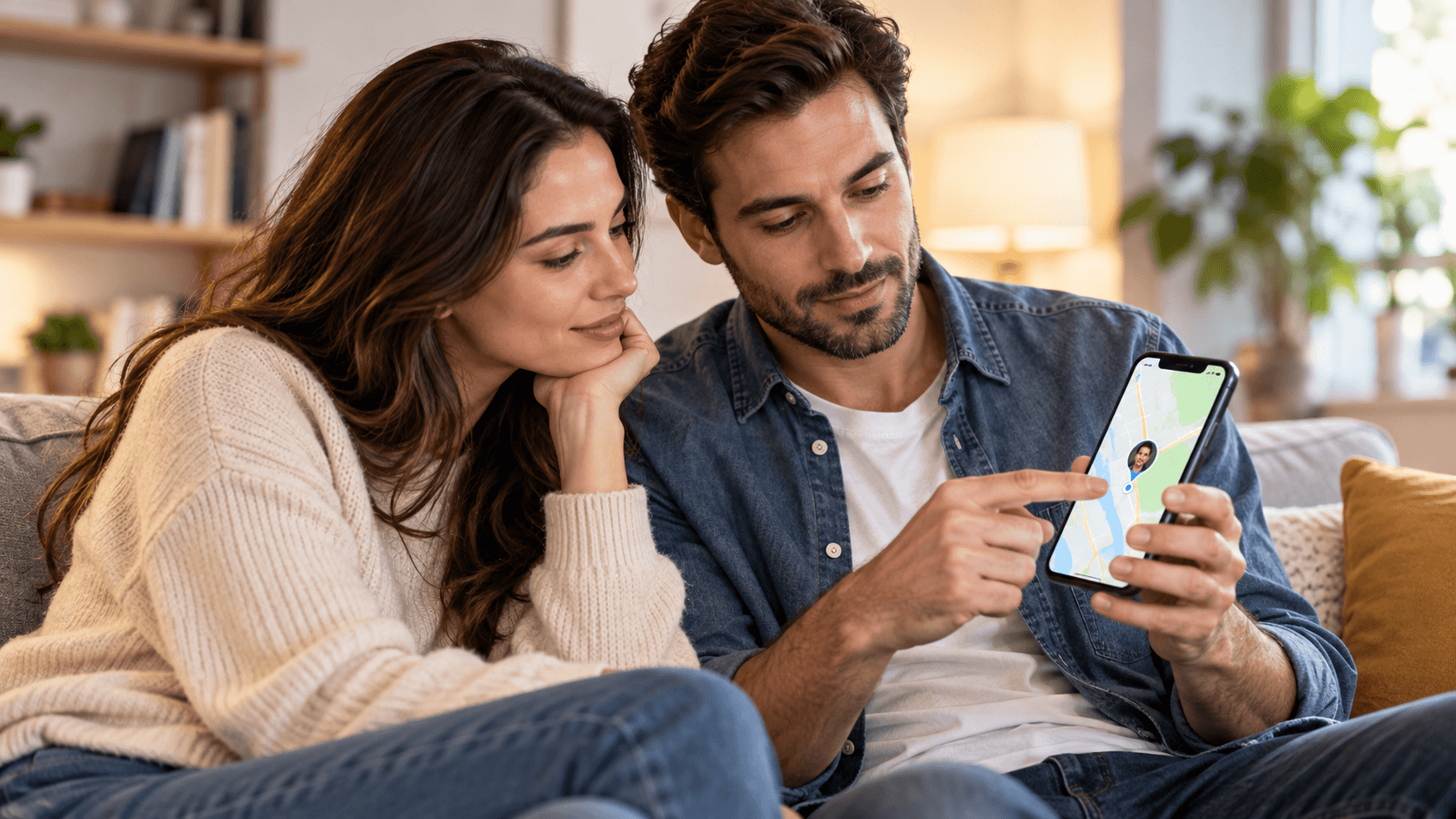 A couple discussing location sharing on a smartphone at home