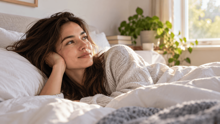 A woman lying awake in bed and reflecting on a dream