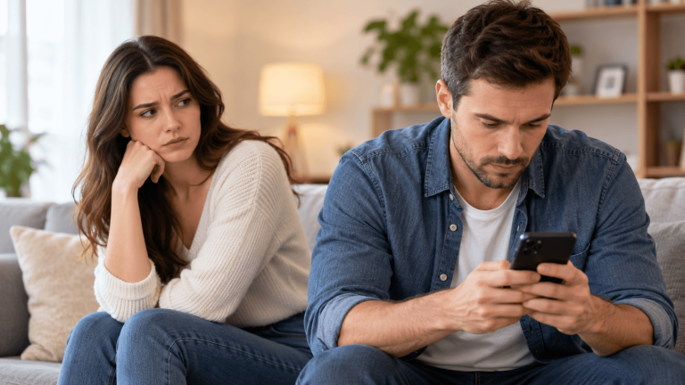 A couple sitting apart while the husband looks at his phone